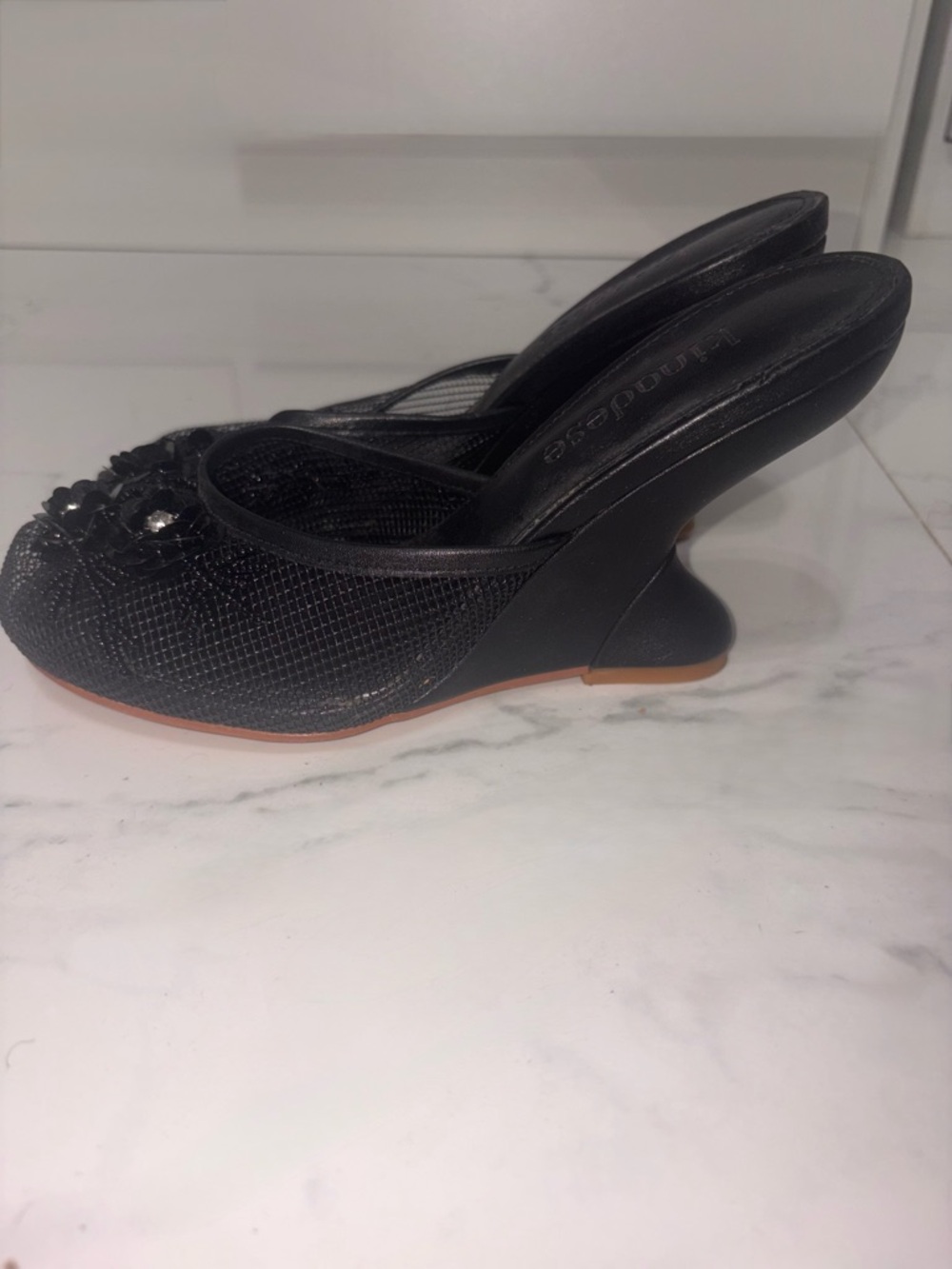KINADESE Onyx Heels- Black Embellished Mesh Wedge Mules - Women's Slip-On